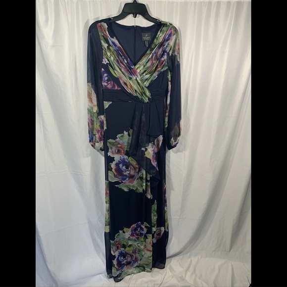 NEW $249‎ Adrianna Papell Long Sleeve Floral Print Chiffon Gown [ SZ 4 ] - Picture 3 of 12